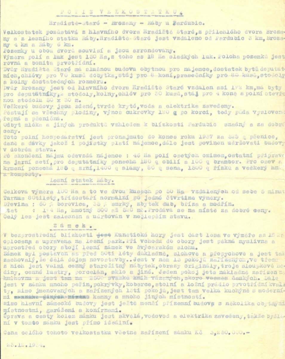 Popis velkostatku z roku 1934